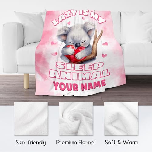 Custom Koala Blanket, Cute Soft Throw Gifts for Women, Cozy Flannel Throw Blankets for Bed Living Room, Pink 60"x80"