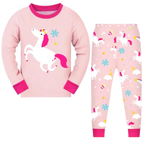JinBei Niña Pijamas Algodón Infantil Manga Larga Conjunto Cómodo 2 Piezas Top y Pantalon Rosa Animal Caballo Estampado Pijama Primavera Otoño Invierno Ropa Regalo para Niña 4 5 Años