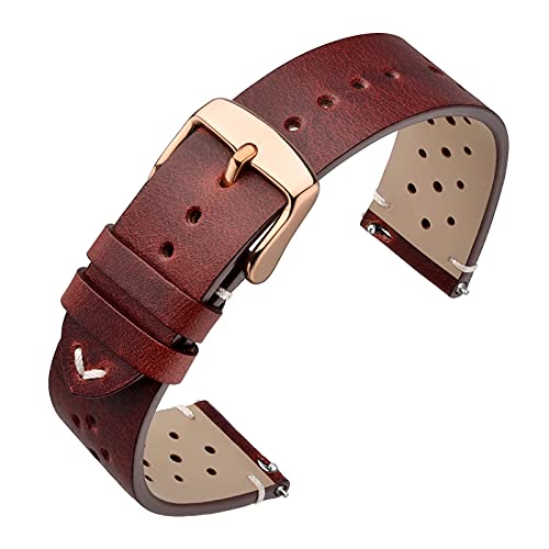 ANNEFIT Correas de Reloj Cuero 18mm con Hebilla Oro Rosa, Correa de Repuesto de Piel Vintage con Liberación Rápida (Rojo marrón) Cover