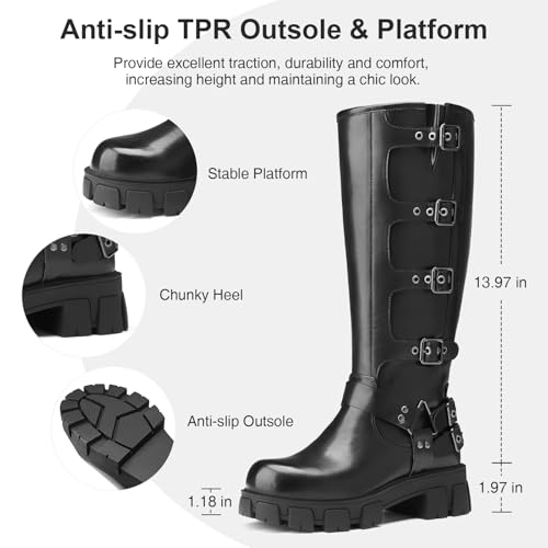 Women's Knee High Riding Boots with Side Zipper - Chunky Platform Motorcycle Boots for Women3