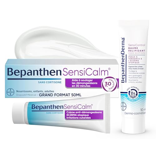 Bepanthen Sensicalm Crème Eczéma & Anti Démangeaisons - Soulagement Rapide 30 min - Eczéma Atopique - Sans Parfum ni Cortisone - Grand Format 50g + BepanthenDerma SensiControl Baume Relipidant 10ml