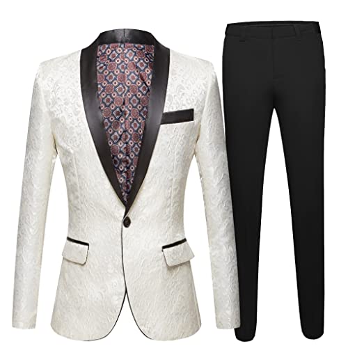 White Men's Suit Slim Tuxedo Tailored Suit Groom Prom Wedding Suit (Jacket + Black Trousers)