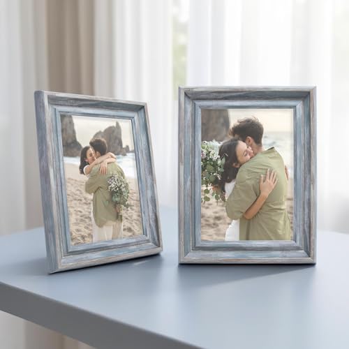Image of GOLDEN PEACOCK Set of 2 5x7 Inch Photo Frames - Antique Bluish Grey Finish | Elegant Wall & Tabletop Picture Frames for Home Decor, Office & Gifting