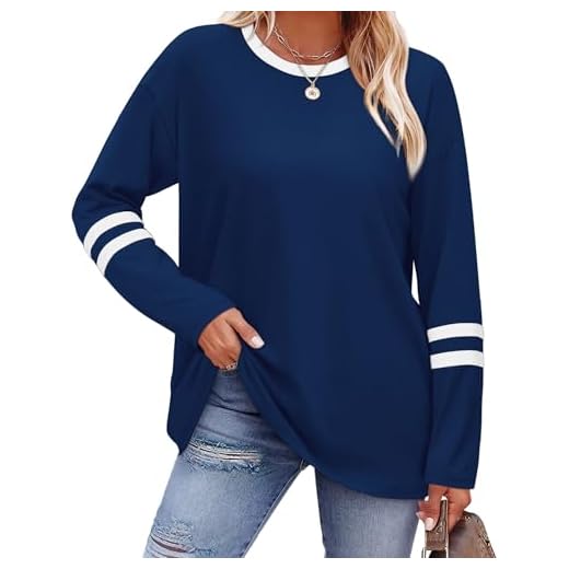 Sampeel Long Sleeve Shirts for Women Color Block Business Casual Tops Womens Fall Fashion 2025 Clothing Crew Neck Basic Tees Tshirts Work Teacher Outfits Trendy Y2K Fall Clothes Navy Blue M