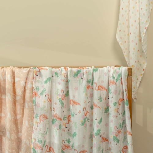 Image of GLLQUEN BABY Muslin Swaddle Blankets 4-Pack Breathable Receiving Blankets (35 inch x 40 inch) Soft Baby Blankets for Girls and Boys Newborn Essentials Muslin Burp Cloths Swaddle Wrap Baby Gift(Flamingo)