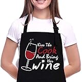 ZOORON Funny BBQ Adjustable Kitchen Cooking Chef Apron for Women, Kiss the Cook and Bring Her Wine, Black Waterproof Oil Proof Apron with Pocket Mother's Day