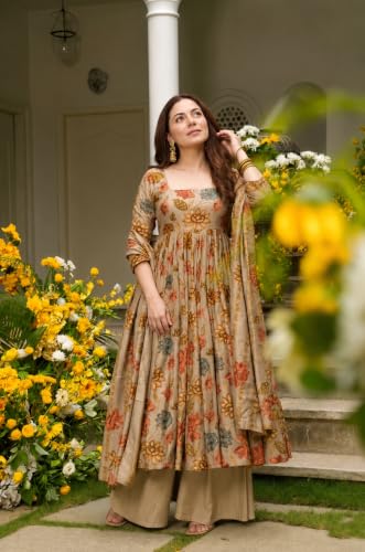 Image of ANNI Designer Kurta Set for Women Viscose Blend Printed | Kurti Set for Woman | Umbrella Kurta Palazzo Dupatta 3 Piece Outfit | Square Neck 3 /4 Sleeve Regular Fit Ethnic Dress Stylish Clothing
