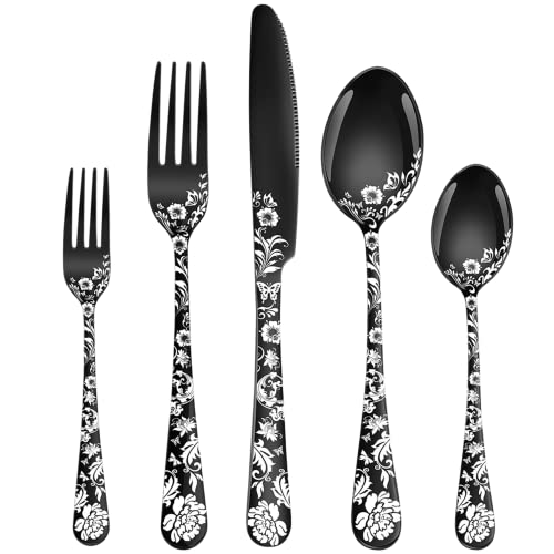Image of Vilihkc 20-Piece Peony Flower Pattern Design Silverware Set, Stainless Steel Flatware Set for 4, Black Cutlery, Mirror Polished Utensils, Dishwasher Safe
