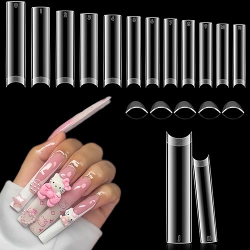 Image of 504PCS No C Curve Nail Tips Square XXL Extra Long Tapered Square Nail Tips for Acrylic Nails Professional 12 Sizes Half Cover Straight Clear Fake Nails for Nail Extensions Salons DIY at Home