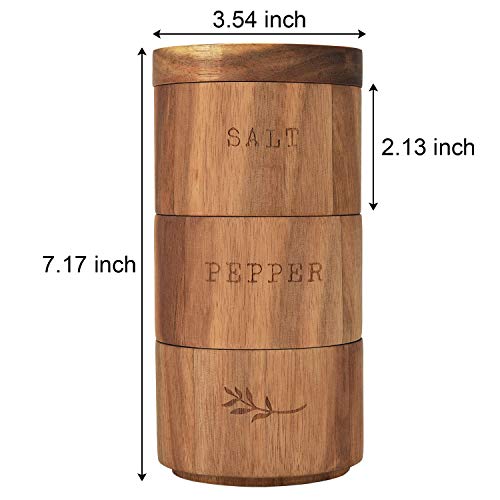Acacia Wood Salt Pepper Shaker Set Cellar 3 Piece Stacking Spice Box #TOP1