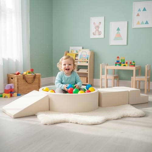 Image of Tiita Climbing Toys with Ball Pit for Toddlers, 4-Piece Kids Foam Climbing Blocks for Baby, Activity Soft Climb and Crawl Playset Indoor Playground, Beige (Balls not Included)