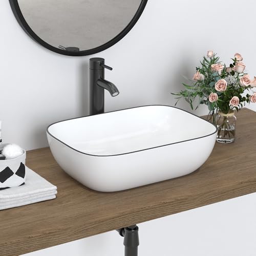 La Mejor Recopilación de Lavabos con borde del mes. 42 J-FAMILY - Fregadero de cerámica de porcelana blanca de 18.3 x 13 pulgadas,con borde negro,lavabo sobre encimera de lavabo de lavabo