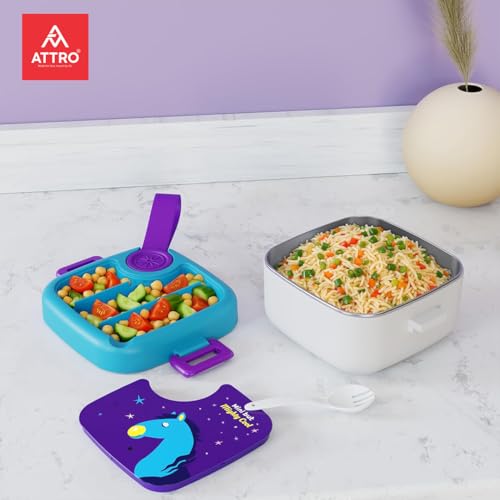 Image of ATTRO KidsMate Horse Lunch Box Stainless Steel Comes with 1 Detachable Tray| Leak-Proof & Durable | Plastic Spoon | Ideal for Kids, School, Picnic - Blue Purple - 500ml