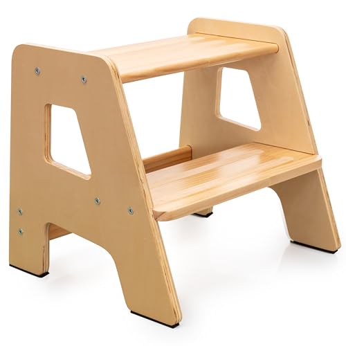 Image of OCODILE 2-Step Wooden Step Stool for Toddlers | Kids Stool for Bathroom Sink & Kitchen Use | Non-Slip Step | Wooden Stool for Children Ages 2+ Years Varnished
