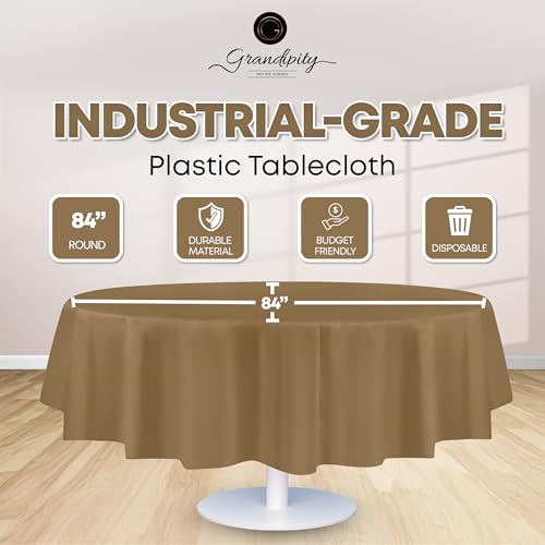 Image of Grandipty Plastic Table Cloth Disposable 12 Pack 84 inch Round Gold | Plastic table covers, durable disposable tablecloths, fade and tear-resistent table cover for party, event