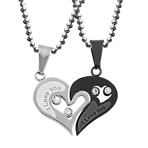 Uloveido Stainless Steel Mens Womens Couple Pendant Necklace Love Heart CZ Puzzle Matching Fashion Jewelry Stores (Black) SN102