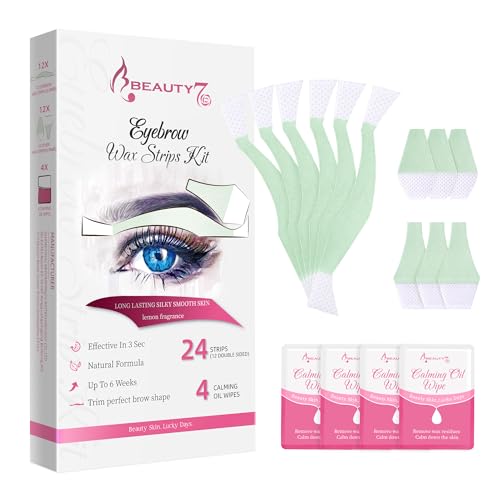 Beauty7 Eyebrow Wax Strips 24 Pre-Cut Papers in 2 Shapes + 4 Oil Wipes