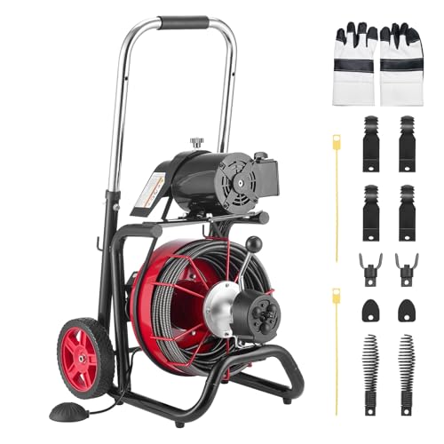 VEVOR Drain Cleaner Machine 100FT x 3/8 Inch, Auto Feed Sewer Snake Auger on Wheels, 370W Portable Drain Cleaning Machine with 8 Cutters & Air-activated Foot Switch for 2' to 4' Pipes