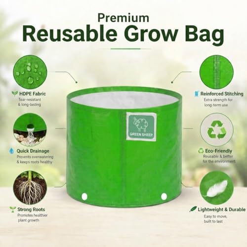 Image of GREENSHEEP HDPE Grow Bag Heavy Duty 260 GSM Round Plants Flower Growing Bags Floor Standing Mount Type for Home Garden Balcony Terrace Kitchen Nursery (Green, 9x9 inch, Pack of 2)