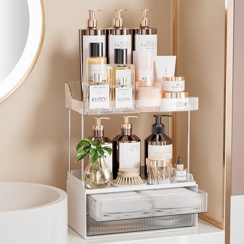 delamu bathroom organizers and storage, 2-tier 2-drawer makeup organizer countertop, easy to install, ideal for bathroom storage, vanity, large skincare, perfume, present, and more, clear