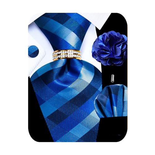 Image of 5PCS Mens Silk Designer Tie, Pocket Square, Cufflinks, Drilled Tie Ring and Lapel Pin Set for Wedding Groom Party