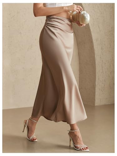 Women's High Waisted Satin Skirt Ruched Fishtail Elegant Business Casual Maxi Skirts2