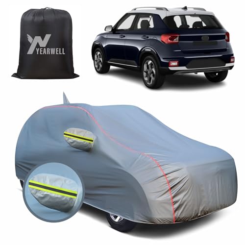 Image of Car Body Cover for Hyundai Venue, 100% Waterproof, Heat-Resistant with Mirror & Antenna Pockets, Soft Cotton Lining, Triple Stitched, Green Reflector (Metallic Grey)
