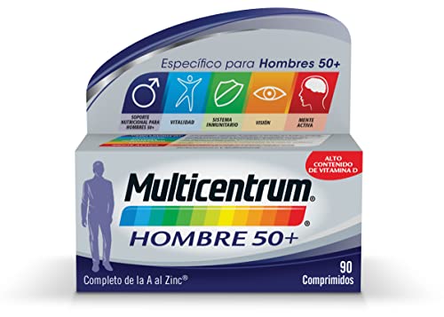 MULTICENTRUM Hombre 50+, Complemento Alimenticio multivitamínico y multimineral para hombres 50+, Sin Gluten,90 Comprimidos