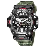 HFWXYSA Cuarzo Reloj, Militar Grandes Esfera Deportivo Impermeable Zone Horaria Dual Relojes, RetroiluminacióN Led Analogico Reloj Digital,Army Green