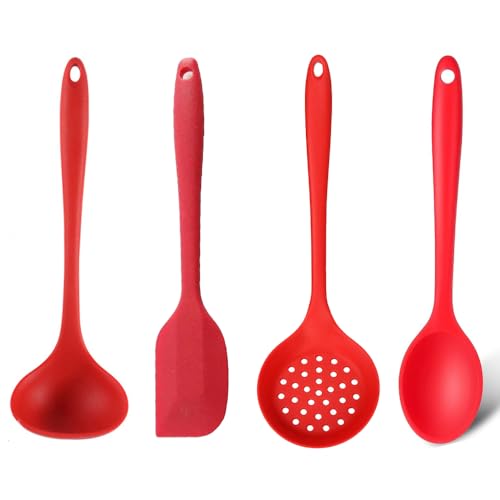 Kit Utensílios de Silicone Premium Completo - Colher de Arroz, Concha, Escumadeira e Espátula Pão Duro (Vermelho)