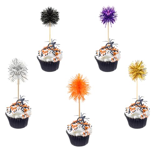 50 Pcs Halloween Cake Decorations - Glitter Cupcake Toppers with Pumpkin, Bat, Ghost, Witch, Spider Design for Halloween Theme Party, Baby Shower Kids Birthday Party Supplies