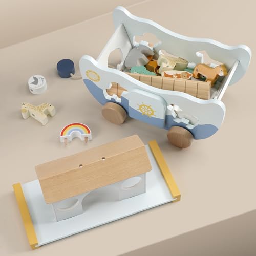 Joyreal Arche Noah Holz - Taufgeschenke für Mädchen Jungen Kinder, Geschenk Taufe, Montessori Spielzeug Lernspielzeug mit Bauernhof Spielzeug Sortier Stapel
