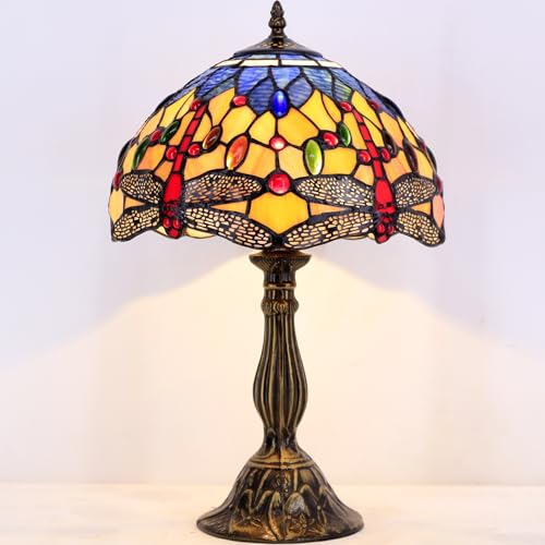 Image of WERFACTORY Tiffany Lamp Stained Glass Bedside Table Lamp 18 Inch Dragonfly