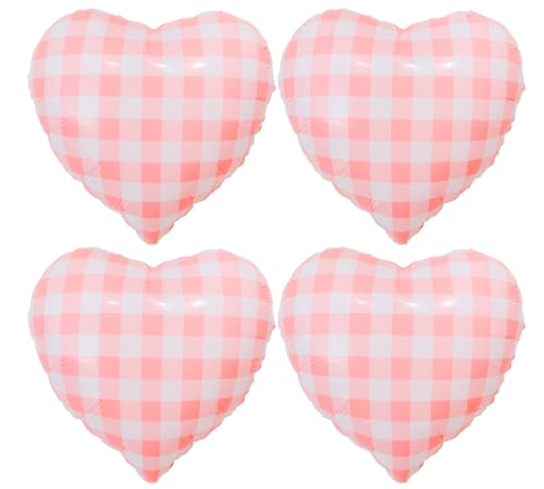 Image of 4pcs 18 inch Pink Heart Checked Balloons Striped Plaid Heart Foil Balloons for Spring Party Decorations Picnic Party Decor Love Theme Birthday Party Wedding Baby Shower Versatile Party Decor