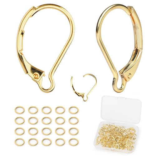 Qoroos 100pcs 18K Gold Plated Earring Hooks with 90 Jump Rings Leverback French Earring Hooks Hypoallergenic 304 Stainless Steel for Earrings Making