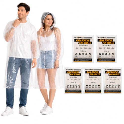 Image of Disposable Rain Ponchos for Adults, 5 Pack /10 Pack, Clear Waterproof Ponchos with Hood for Travel & Hiking