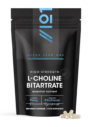 Choline Bitrate 714mg 180 Vegan Capsules Supports Liver Health BioPerine Advanced Absorption Resealable and Recyclable Pouch by Alpha01