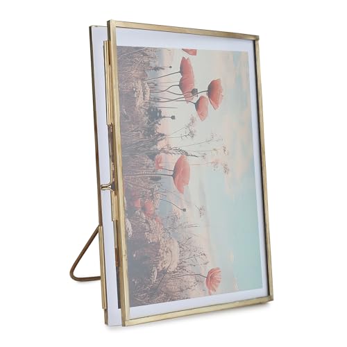 Fenzo Vintage Style 5x7 inch Portrait Metal & Glass Hanging Free Stand Picture Gold Photo Frame Desktop Picture Frames for Photos, Artwork, & Pressed Leaves, Floating Display Frames