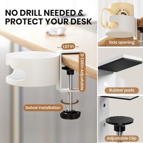 Image of HASTHIP Desk Cup Holder, Adjustable Screw-fix Installation, Spill-Proof Cup Holder, Universal Fit for Most Standard Cup, Drinks, Water Bottle & More, White