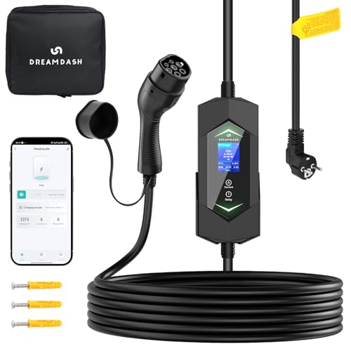 DREAMDASH Cargador Coche Electrico Monofasico 3,7kw WiFi App, Cable 7m, Tipo 2 IEC 62196-2, Enchufe Schuko, Ajustable 6-16A 1-12h, IP65 Trabajo -30 ℃ a 50 ℃, EV Wallbox portátil para BEV y PHEV