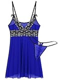 iEFiEL Herren Sissy Kleid Satin Dessous Nachthemd Transparent Mesh Trägerkleid mit Spitzen Rüschen Nachtwäsche Dekolleté für Männer Blau XL