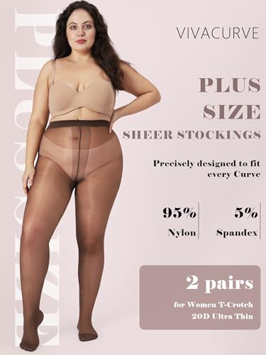 Image of Plus Size Sheer Black Tights for Women T-Crotch 20D Ultra Thin Pantyhose High Waist Stockings 2 Pairs