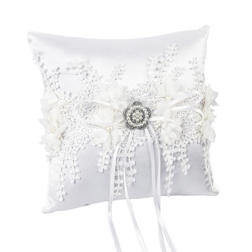 duozoanz Coussin Alliance Mariage Vintage Porte Alliance Mariage Blanc Coussin de Bague 18x18cm avec Dentelle et Perle Artificielle pour Bague de Fiançailles ou Alliances