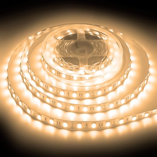 ShineBurky Ruban LED 5M Blanc Chaud, 12V Bande LED 5 Mètres 300LEDs SMD5050 Bandeau Lumineux LED Strip Light Flexible pour Intérieur Extérieur Chambre TV Noël Décoration DIY (Sans Alimentation)