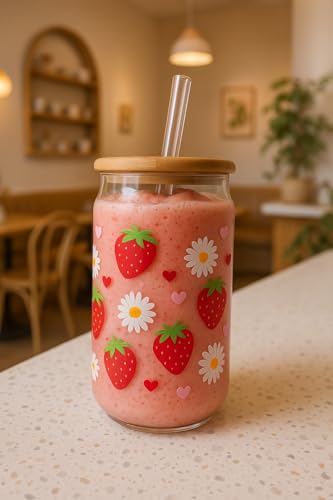 Image of THE UMBRELLA STORE Glass Tumbler Bamboo Lid and Straw, Coffee Tumbler, Reusable Glass (Strawberry)