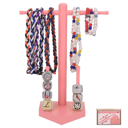 Baseball Ring Display Holder for Championship Rings & Necklaces Wooden Sports Jewelry Organizer with Bat Stand for Baseball Softball Players Athlete Gift Display Case for Rings Bracelets Medals Pink