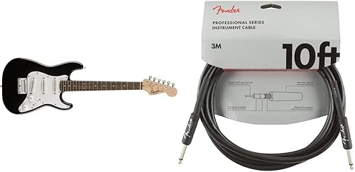 Squier Mini Stratocaster - Guitarra eléctrica, negro, diapasón de laurel y cable de instrumentos de la serie profesional, recto/recto, negro, 10 pies