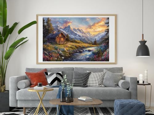 Image of Moohue 14ct Counted Cross Stitch Kits for Adults Mountains House River Printed Stamped Cross Stitch Patterns Kits Cross Stitch Supplies (Beautiful Mountains House River)