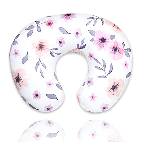 Image of GFU Nursing Pillow Cover for Girl, Flower Breastfeeding Pillows Slipcovers, Soft Stretchy Newborn Feeding Pillow Case, Pink Purple Watercolor Floral…