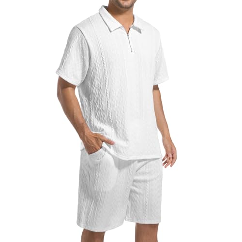 Mens 2 Piece Short Sets Summer 2025 - Zip Polo & Elastic Waist Shorts, Breathe Comfortable Tracksuit with Pockets
